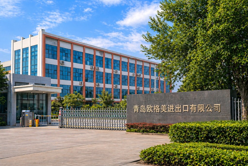 Exterior view of OGMIE factory in Qingdao, China, showing company entrance and manufacturing facility.