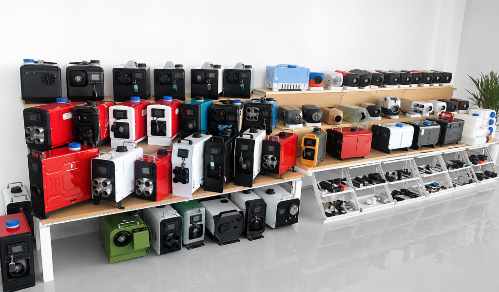 RV diesel heater supplier showroom with air heaters, liquid heaters and spare parts from OGMIE